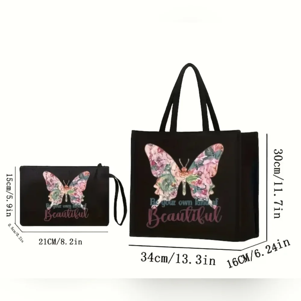 Butterfly Floral Tote Bag & Matching Pouch Set, T11MIS